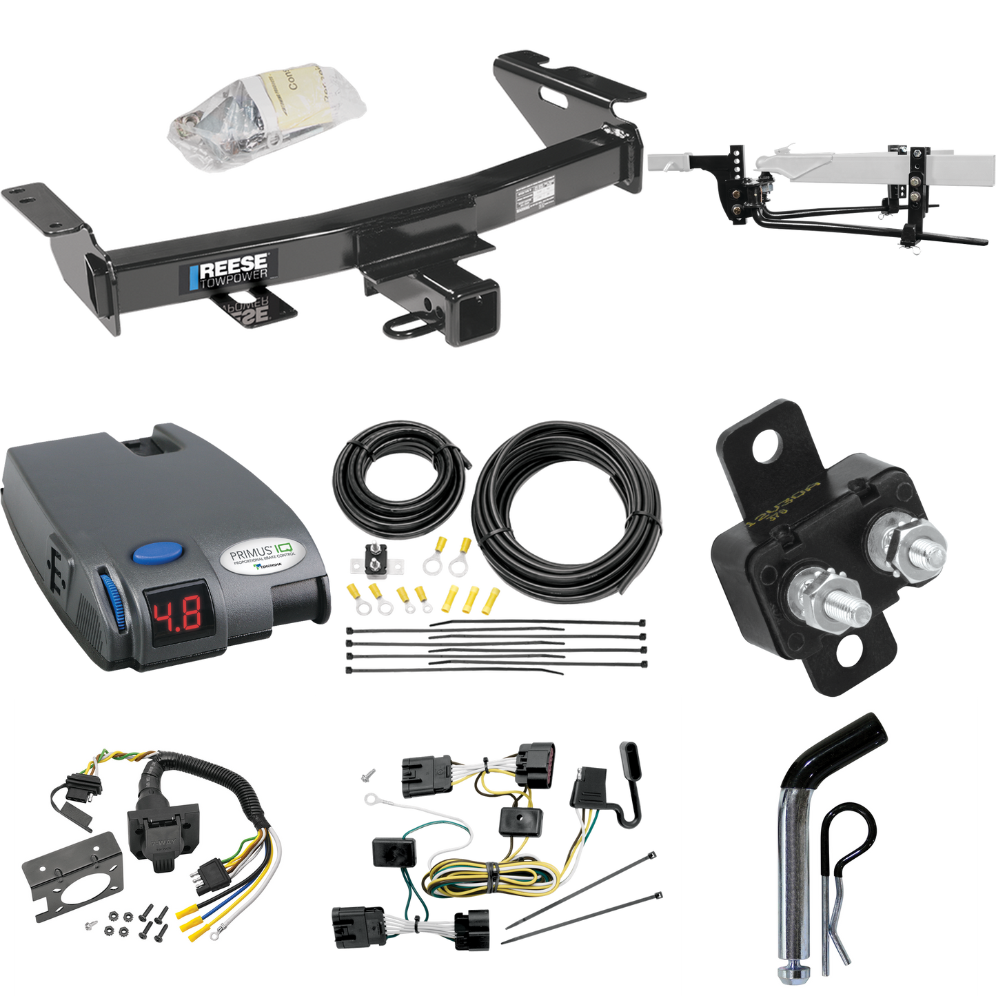 Fits 2009-2009 Chevrolet Uplander Trailer Hitch Tow PKG w/ 6K Round Bar Weight Distribution Hitch w/ 2-5/16" Ball + Pin/Clip + Tekonsha Primus IQ Brake Control + 7-Way RV Wiring (For (Canada Only) Models) By Reese Towpower