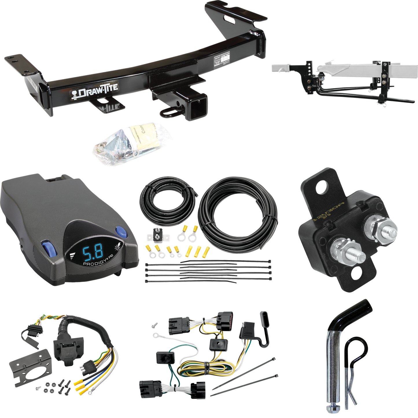 Fits 2009-2009 Chevrolet Uplander Trailer Hitch Tow PKG w/ 6K Round Bar Weight Distribution Hitch w/ 2-5/16" Ball + Pin/Clip + Tekonsha Prodigy P2 Brake Control + 7-Way RV Wiring (For (Canada Only) Models) By Draw-Tite