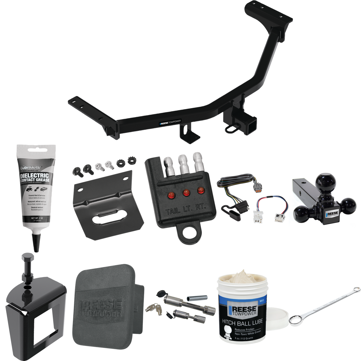 Fits 2022-2022 Infiniti QX60 Trailer Hitch Tow PKG w/ 4-Flat Wiring + Triple Ball Ball Mount 1-7/8" & 2" & 2-5/16" Trailer Balls + Wiring Bracket + Hitch Cover + Dual Hitch & Coupler Locks + Wiring Tester + Ball Lube + Electric Grease + Ball Wrench +