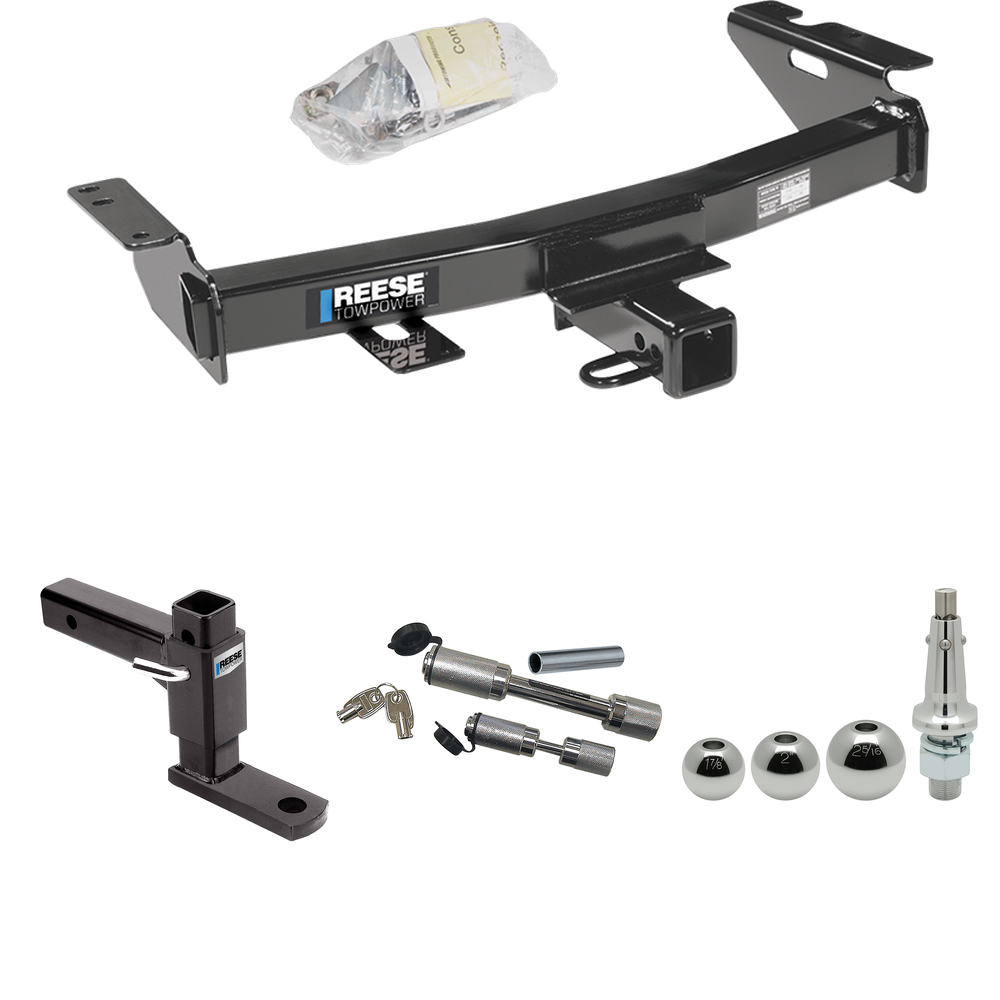 Fits 1999-2005 Pontiac Montana Trailer Hitch Tow PKG w/ Adjustable Drop Rise Ball Mount + Dual Hitch & Copler Locks + Inerchangeable 1-7/8" & 2" & 2-5/16" Balls By Reese Towpower