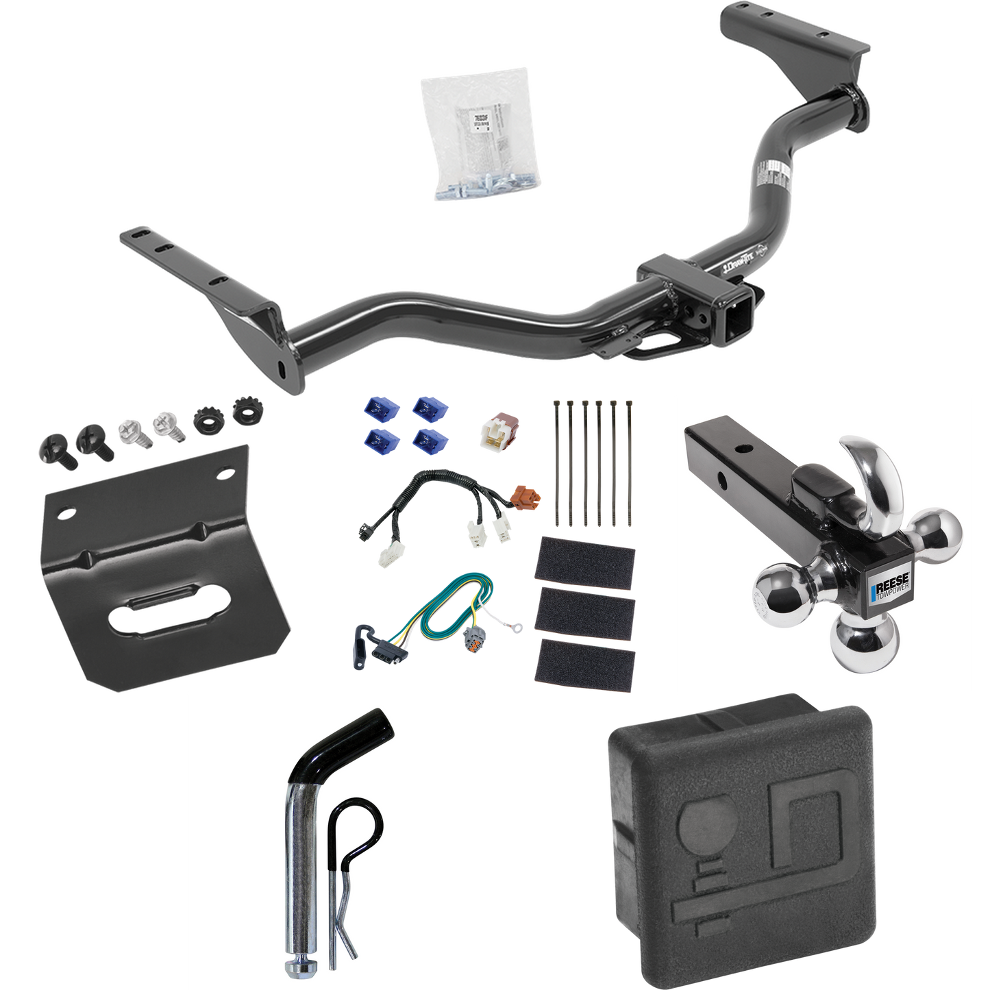 Fits 2014-2020 Infiniti QX60 Trailer Hitch Tow PKG w/ 4-Flat Wiring + Triple Ball Ball Mount 1-7/8" & 2" & 2-5/16" Trailer Balls w/ Tow Hook + Pin/Clip + Wiring Bracket + Hitch Cover By Draw-Tite