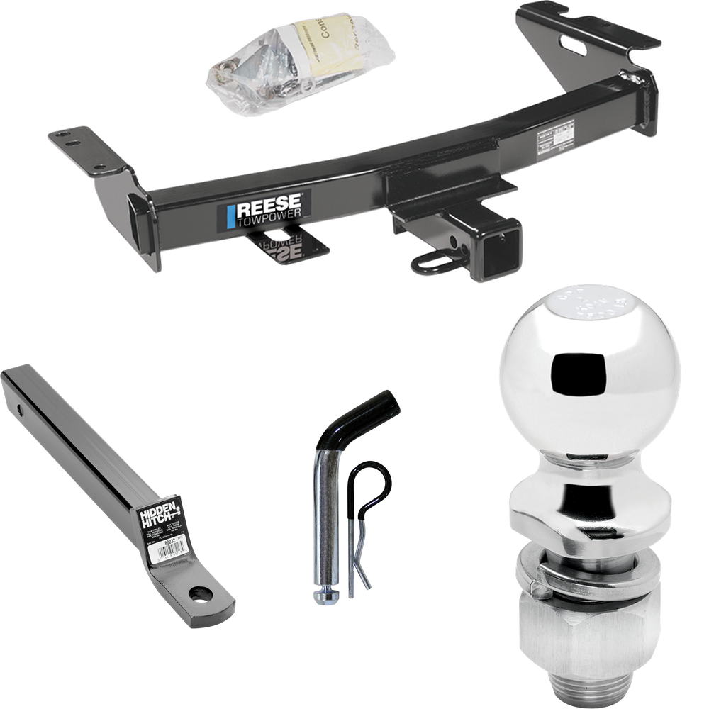 Fits 1997-1998 Pontiac Trans Sport Trailer Hitch Tow PKG w/ Extended 16" Long Ball Mount w/ 2" Drop + Pin/Clip + 2" Ball By Reese Towpower