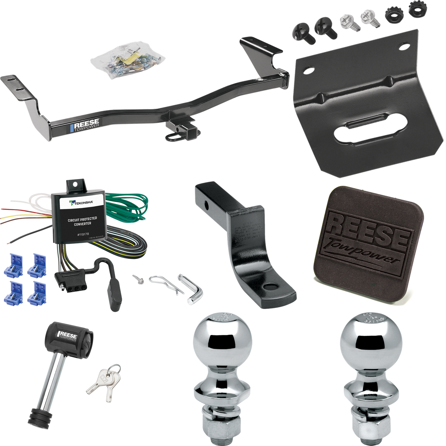 Se adapta al paquete de enganche de remolque Scion tC 2005-2010 con arnés de cableado plano de 4 + barra de tracción + bola de 1-7/8" + bola de 2" + soporte de cableado + cubierta de enganche + bloqueo de enganche de Reese Towpower