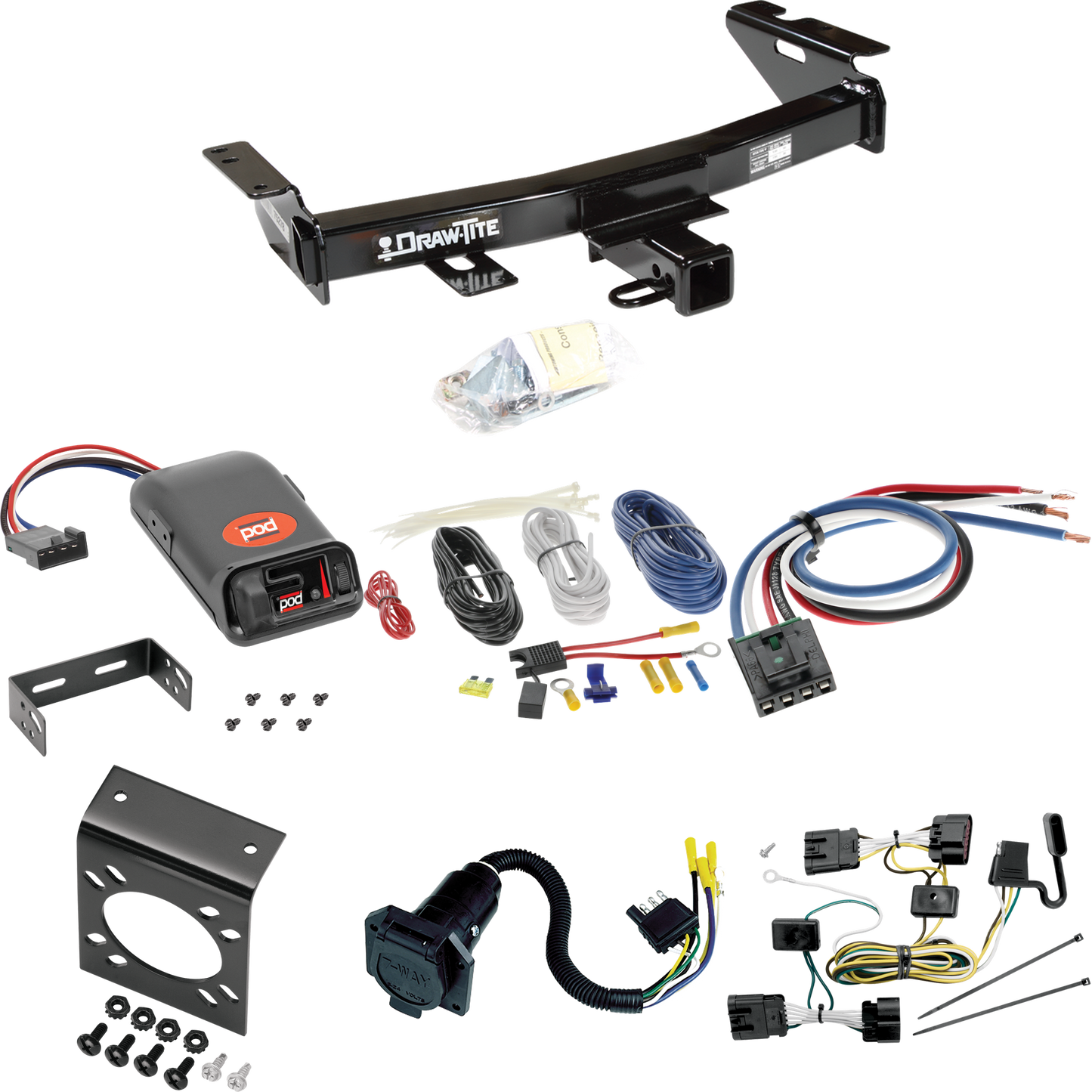 Se adapta al paquete de enganche de remolque Saturn Relay 2005-2007 con control de freno POD serie Pro + adaptador de cableado BC genérico + cableado RV de 7 vías de Draw-Tite