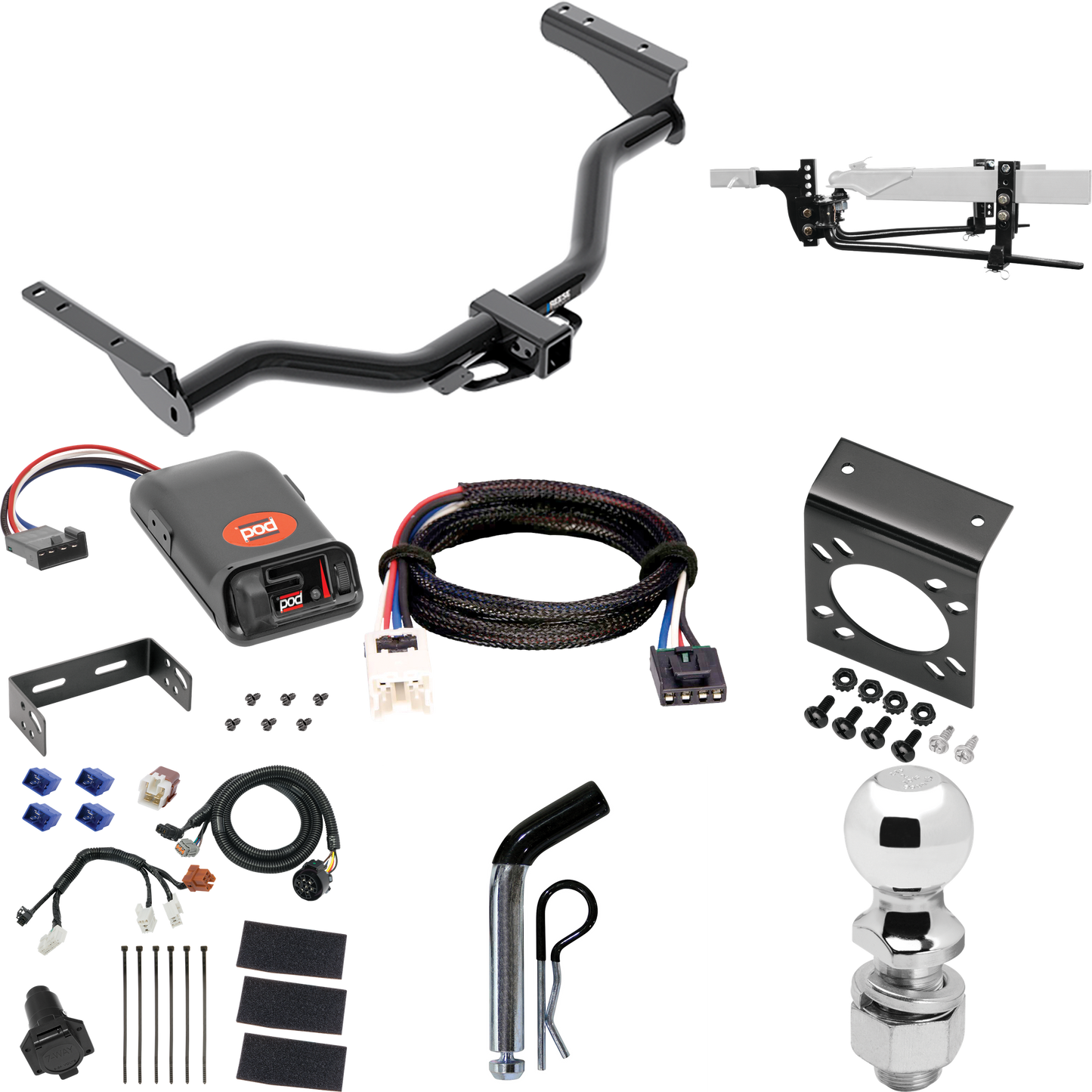 Fits 2014-2020 Infiniti QX60 Trailer Hitch Tow PKG w/ 6K Round Bar Weight Distribution Hitch w/ 2-5/16" Ball + 2" Ball + Pin/Clip + Pro Series POD Brake Control + Plug & Play BC Adapter + 7-Way RV Wiring By Reese Towpower