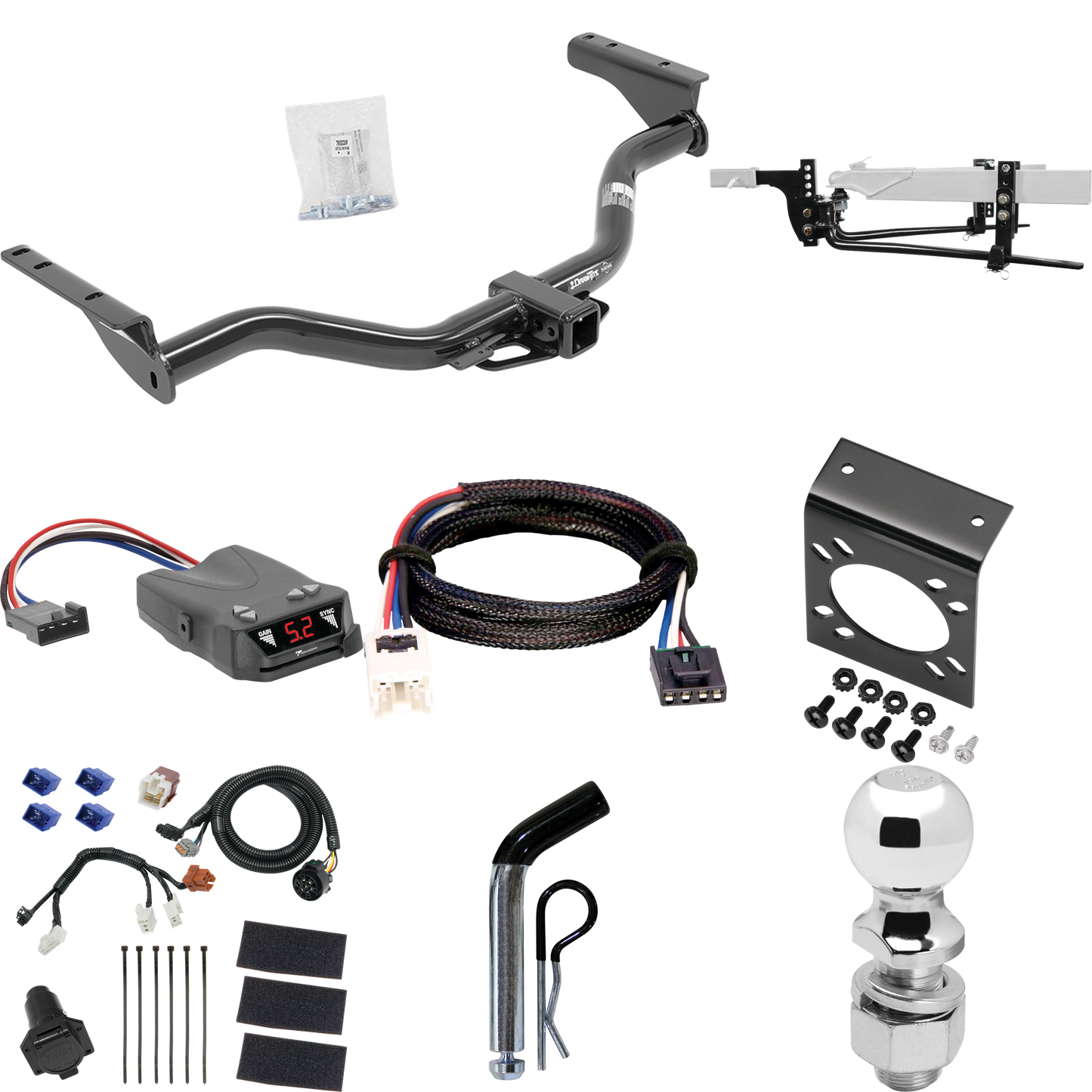 Fits 2014-2020 Infiniti QX60 Trailer Hitch Tow PKG w/ 6K Round Bar Weight Distribution Hitch w/ 2-5/16" Ball + 2" Ball + Pin/Clip + Tekonsha Brakeman IV Brake Control + Plug & Play BC Adapter + 7-Way RV Wiring By Draw-Tite