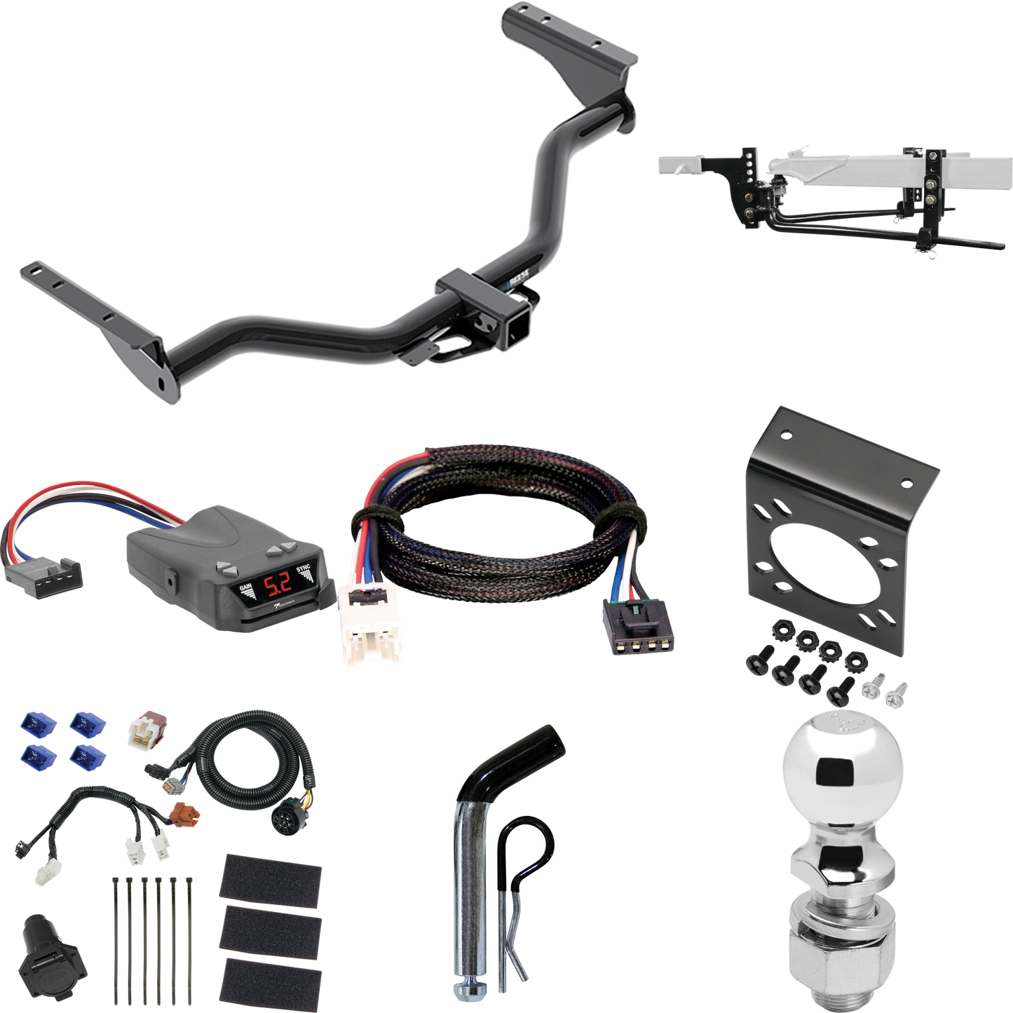 Fits 2014-2020 Infiniti QX60 Trailer Hitch Tow PKG w/ 6K Round Bar Weight Distribution Hitch w/ 2-5/16" Ball + 2" Ball + Pin/Clip + Tekonsha Brakeman IV Brake Control + Plug & Play BC Adapter + 7-Way RV Wiring By Reese Towpower