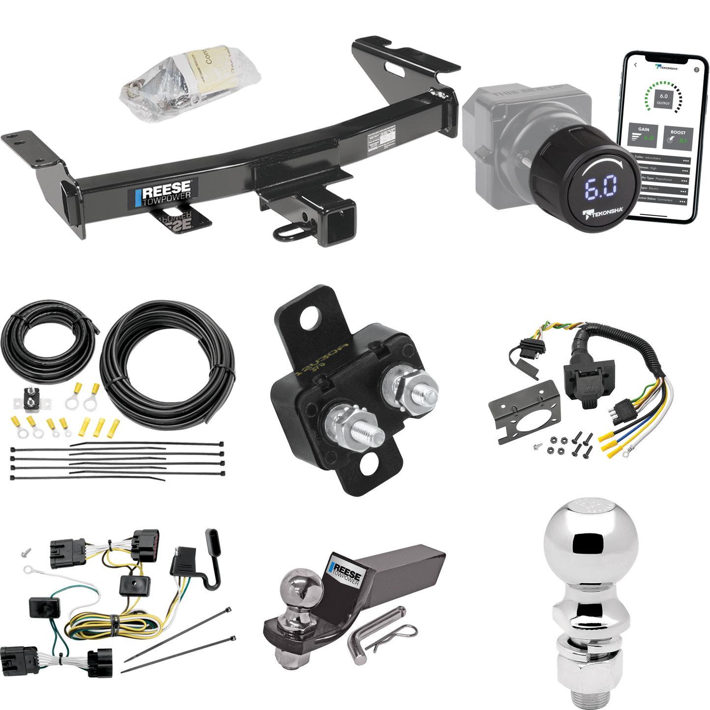 Se adapta al paquete de enganche de remolque Saturn Relay 2005-2007 con control de freno inalámbrico Bluetooth Tekonsha Prodigy iD + cableado RV de 7 vías + soporte de bola y caída de 2" y 2-5/16" de Reese Towpower