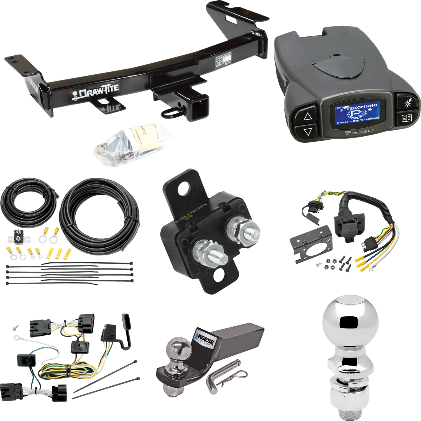 Se adapta al paquete de enganche de remolque Saturn Relay 2005-2007 con control de freno Tekonsha Prodigy P3 + cableado RV de 7 vías + soporte de bola y caída de 2" y 2-5/16" de Draw-Tite