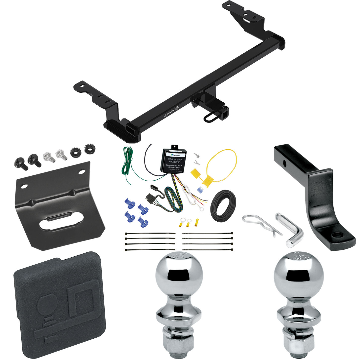 Fits 2018-2022 Ford EcoSport Trailer Hitch Tow PKG w/ 4-Flat Wiring Harness + Draw-Bar + 1-7/8" + 2" Ball + Wiring Bracket + Hitch Cover By Draw-Tite