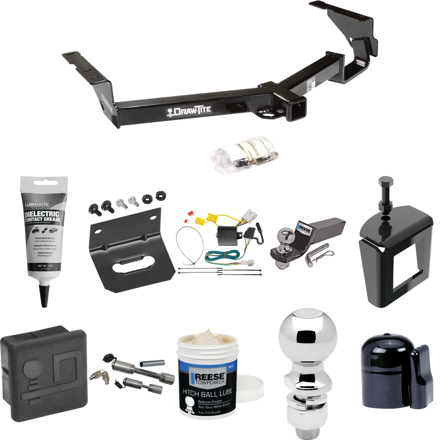 Fits 2008-2013 Toyota Highlander Trailer Hitch Tow PKG w/ 4-Flat Wiring + Starter Kit Ball Mount w/ 2" Drop & 2" Ball + 2-5/16" Ball + Wiring Bracket + Dual Hitch & Coupler Locks + Hitch Cover + Wiring Tester + Ball Lube +Electric Grease + Ball Wrenc