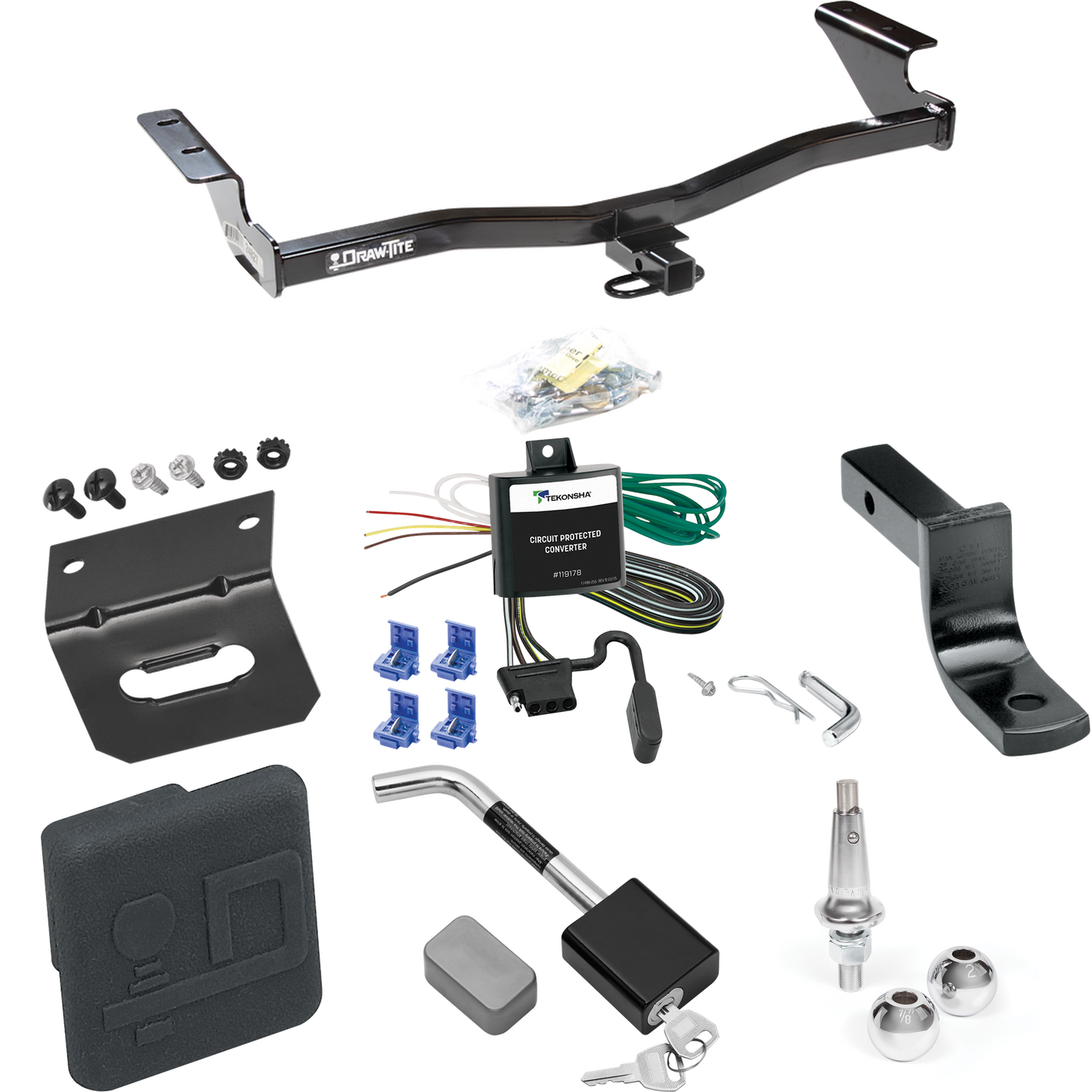 Fits 2005-2010 Scion tC Trailer Hitch Tow PKG w/ 4-Flat Wiring Harness + Draw-Bar + Interchangeable 1-7/8" & 2" Balls + Wiring Bracket + Hitch Cover + Hitch Lock By Draw-Tite