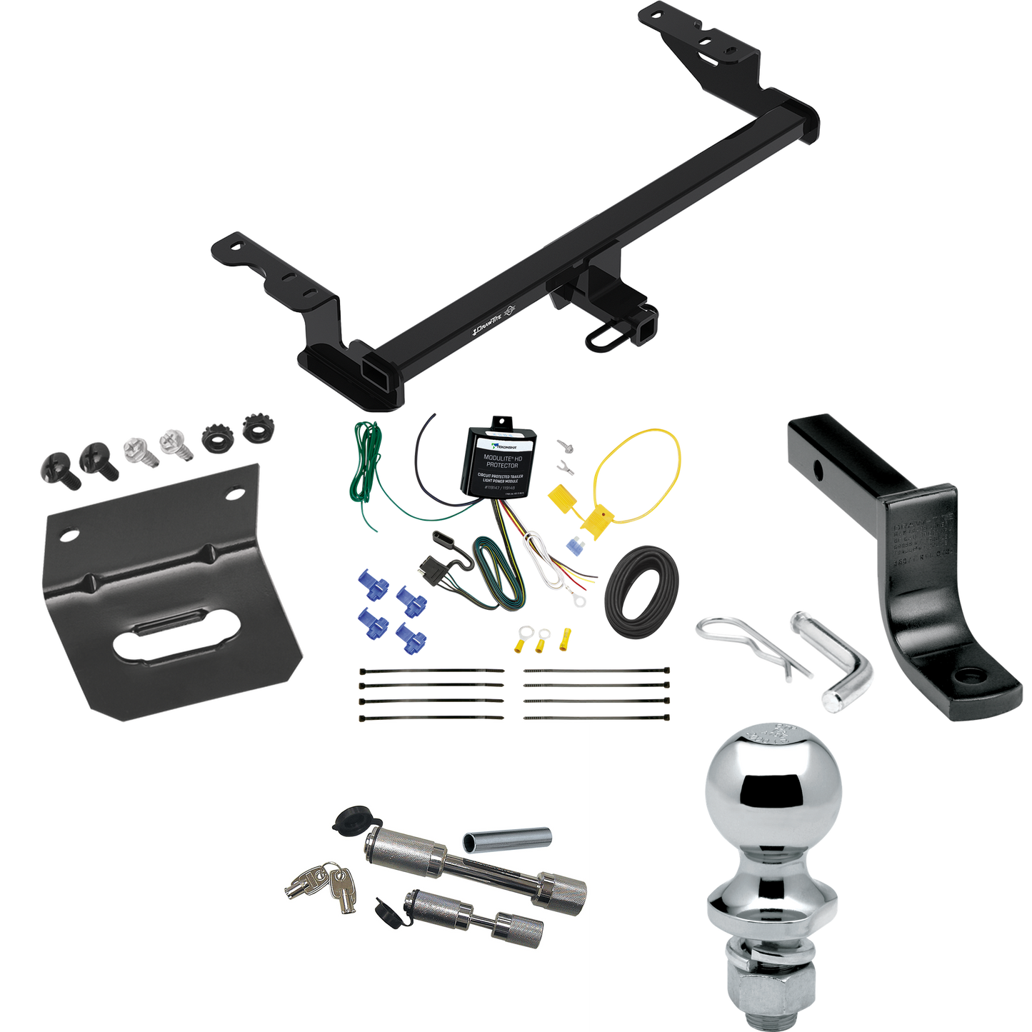 Fits 2018-2022 Ford EcoSport Trailer Hitch Tow PKG w/ 4-Flat Wiring Harness + Draw-Bar + 1-7/8" Ball + Wiring Bracket + Dual Hitch & Coupler Locks By Draw-Tite