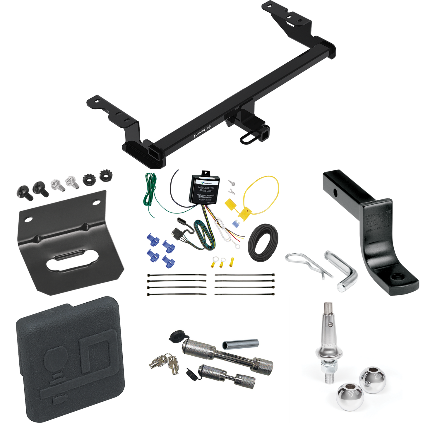 Fits 2018-2022 Ford EcoSport Trailer Hitch Tow PKG w/ 4-Flat Wiring Harness + Draw-Bar + Interchangeable 1-7/8" & 2" Balls + Wiring Bracket + Hitch Cover + Dual Hitch & Coupler Locks By Draw-Tite