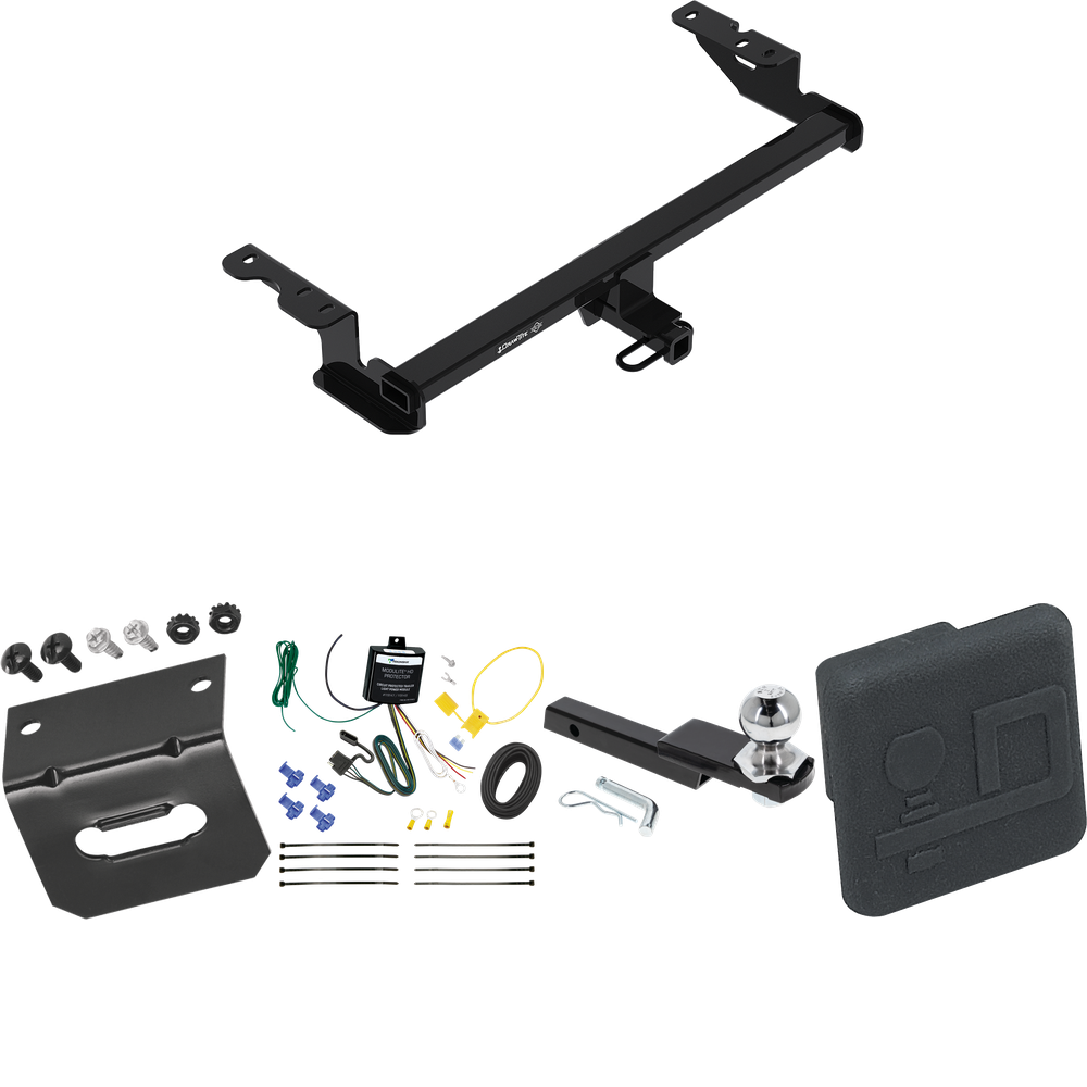 Fits 2018-2022 Ford EcoSport Trailer Hitch Tow PKG w/ 4-Flat Wiring Harness + Interlock Starter Kit w/ 2" Ball 1-1/4" Drop 3/4" Rise + Wiring Bracket + Hitch Cover By Draw-Tite