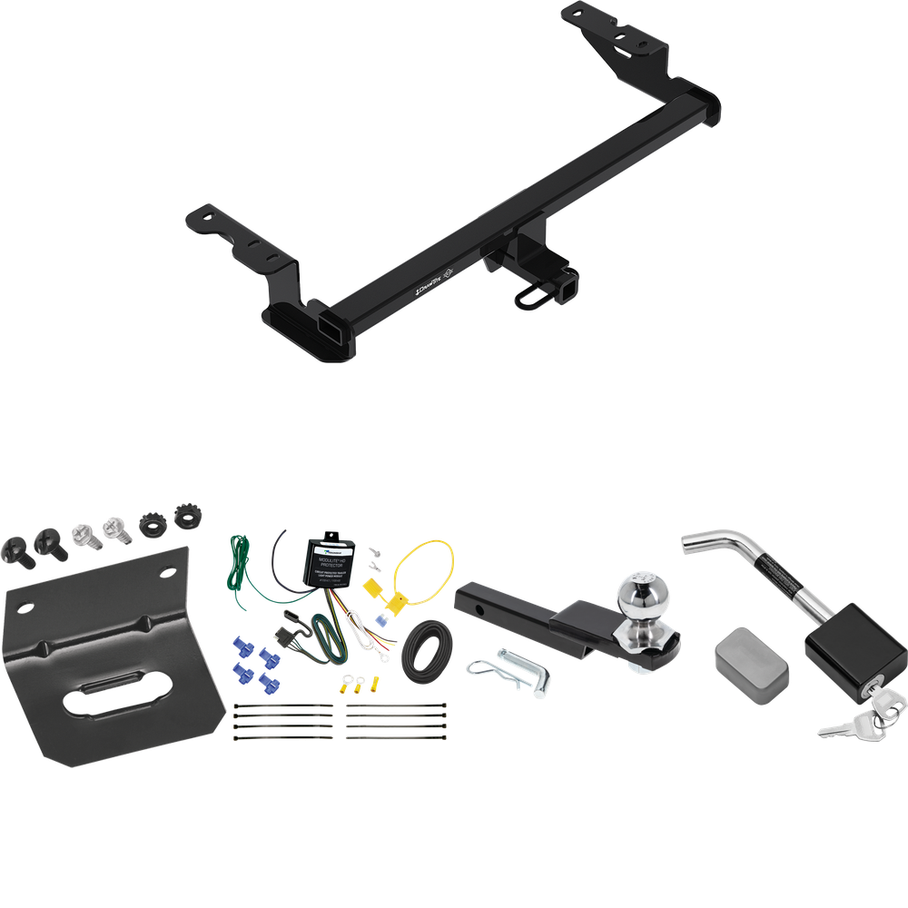 Fits 2018-2022 Ford EcoSport Trailer Hitch Tow PKG w/ 4-Flat Wiring Harness + Interlock Starter Kit w/ 2" Ball 1-1/4" Drop 3/4" Rise + Wiring Bracket + Hitch Lock By Draw-Tite