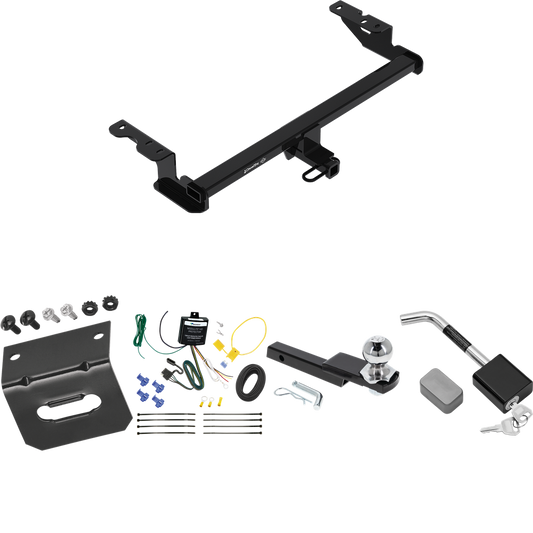 Fits 2018-2022 Ford EcoSport Trailer Hitch Tow PKG w/ 4-Flat Wiring Harness + Interlock Starter Kit w/ 2" Ball 1-1/4" Drop 3/4" Rise + Wiring Bracket + Hitch Lock By Draw-Tite