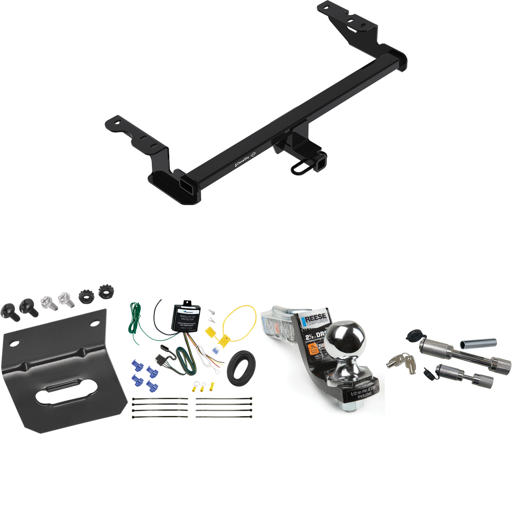 Fits 2018-2022 Ford EcoSport Trailer Hitch Tow PKG w/ 4-Flat Wiring Harness + Interlock Starter Kit w/ 2" Ball 2-1/2" Drop 2" Rise + Wiring Bracket + Dual Hitch & Coupler Locks By Draw-Tite