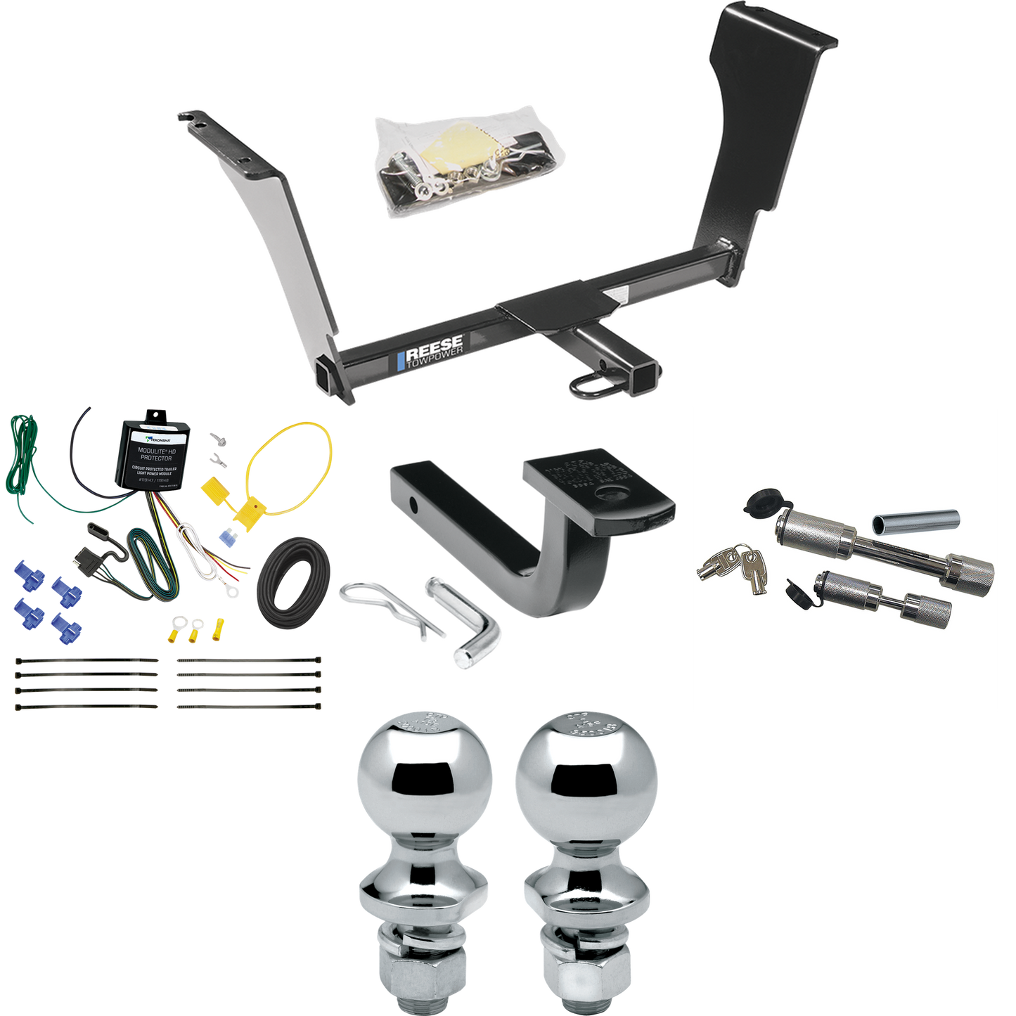 Se adapta al paquete de remolque con enganche para remolque Cadillac CTS V 2009-2013 con arnés de cableado de 4 planos + barra de tracción + bola de 1-7/8" + 2" + enganche doble y cerraduras de acoplador (para modelos sedán) de Reese Towpower