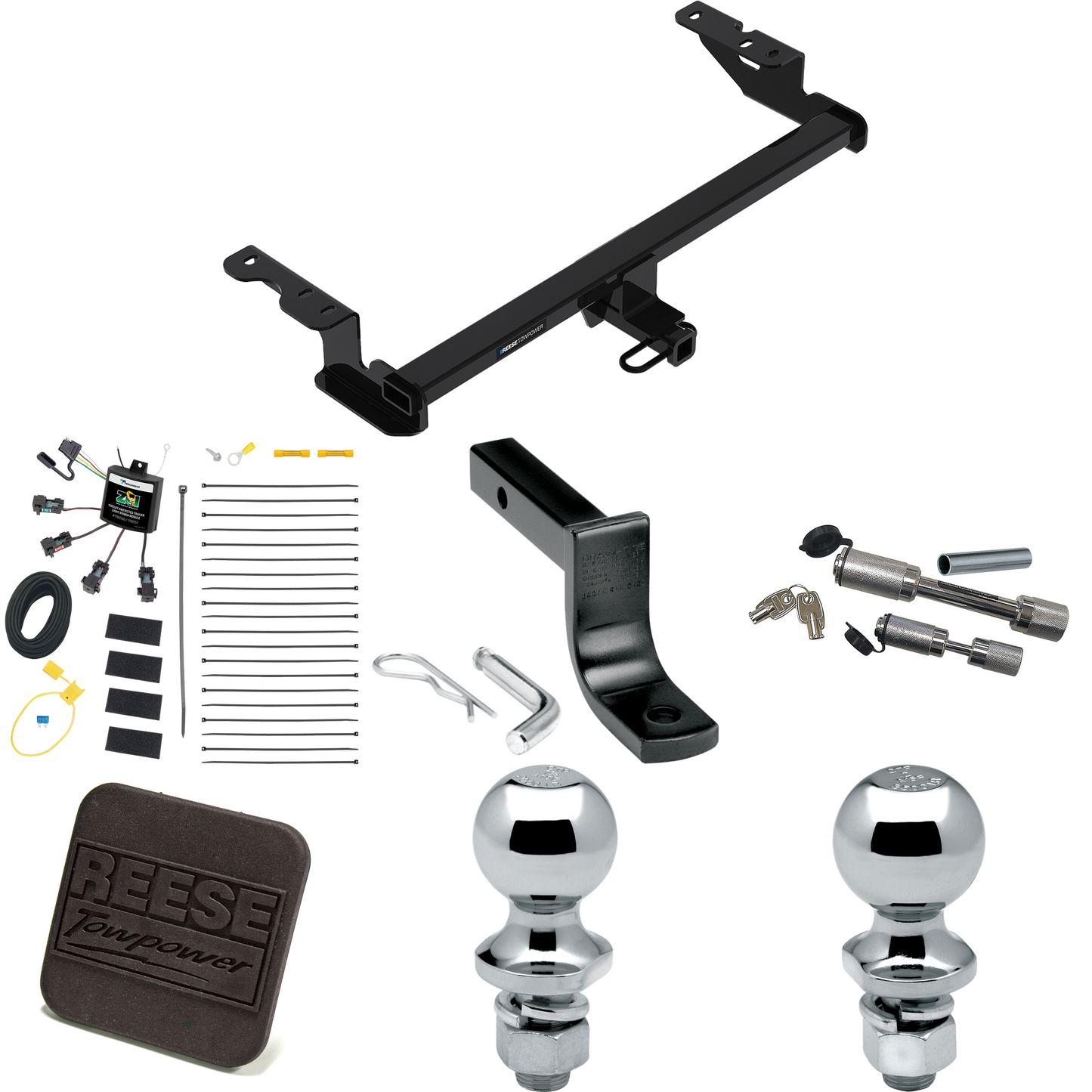 Fits 2018-2022 Ford EcoSport Trailer Hitch Tow PKG w/ 4-Flat Zero Contact "No Splice" Wiring Harness + Draw-Bar + 1-7/8" + 2" Ball + Hitch Cover + Dual Hitch & Coupler Locks By Reese Towpower