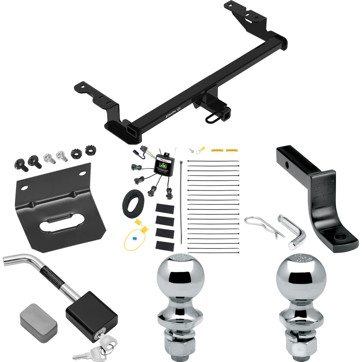 Fits 2018-2022 Ford EcoSport Trailer Hitch Tow PKG w/ 4-Flat Zero Contact "No Splice" Wiring Harness + Draw-Bar + 1-7/8" + 2" Ball + Wiring Bracket + Hitch Lock By Draw-Tite