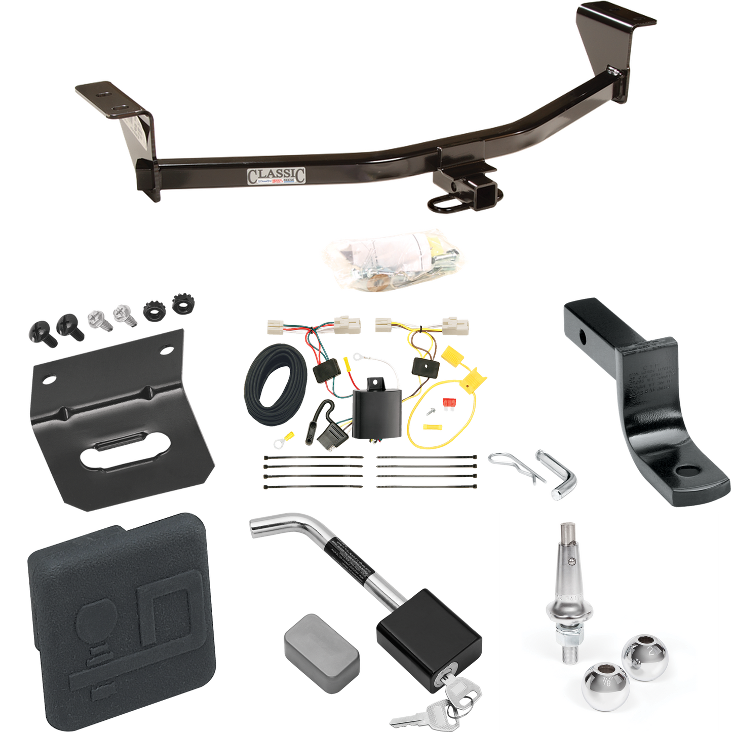 Fits 2011-2013 Scion xB Trailer Hitch Tow PKG w/ 4-Flat Wiring Harness + Draw-Bar + Interchangeable 1-7/8" & 2" Balls + Wiring Bracket + Hitch Cover + Hitch Lock (Excludes: Release Series Models) By Draw-Tite