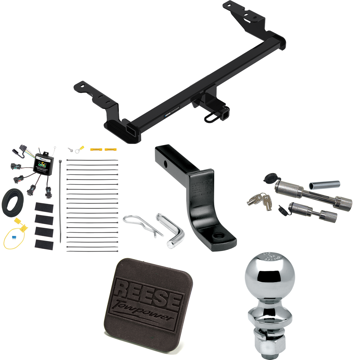 Fits 2018-2022 Ford EcoSport Trailer Hitch Tow PKG w/ 4-Flat Zero Contact "No Splice" Wiring Harness + Draw-Bar + 2" Ball + Hitch Cover + Dual Hitch & Coupler Locks By Reese Towpower