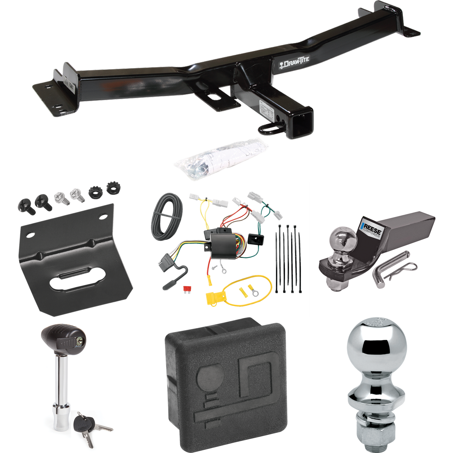 Fits 2007-2014 Toyota FJ Cruiser Trailer Hitch Tow PKG w/ 4-Flat Wiring + Starter Kit Ball Mount w/ 2" Drop & 2" Ball + 1-7/8" Ball + Wiring Bracket + Hitch Lock + Hitch Cover By Draw-Tite