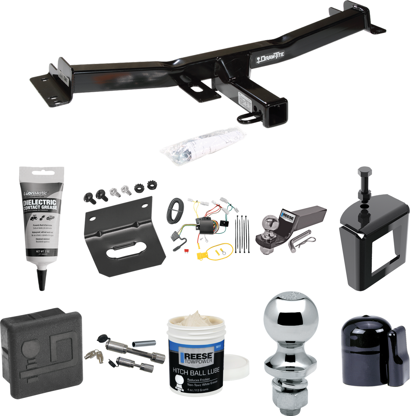 Fits 2007-2014 Toyota FJ Cruiser Trailer Hitch Tow PKG w/ 4-Flat Wiring + Starter Kit Ball Mount w/ 2" Drop & 2" Ball + 1-7/8" Ball + Wiring Bracket + Dual Hitch & Coupler Locks + Hitch Cover + Wiring Tester + Ball Lube +Electric Grease + Ball Wrench