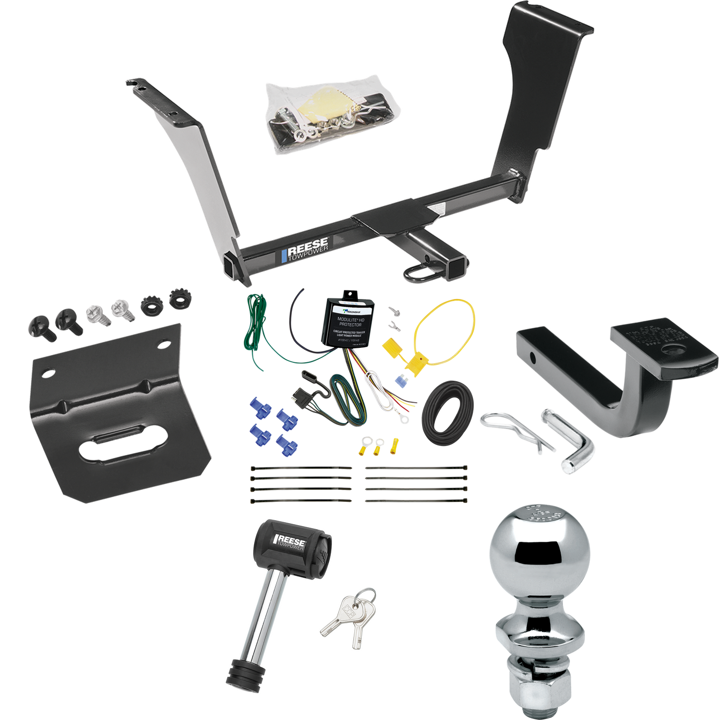 Se adapta al paquete de enganche de remolque Cadillac CTS 2003-2007 con arnés de cableado plano de 4 + barra de tracción + bola de 2" + soporte de cableado + bloqueo de enganche de Reese Towpower