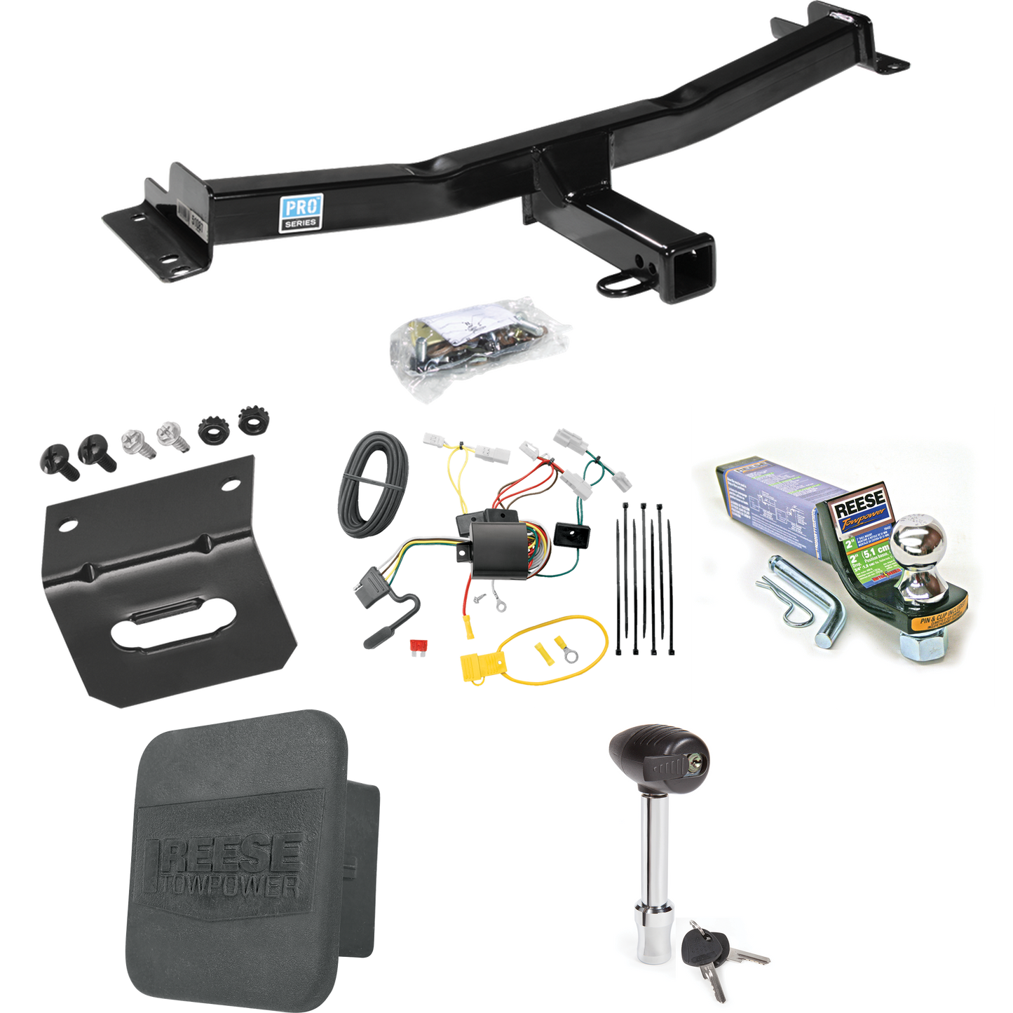 Fits 2007-2014 Toyota FJ Cruiser Trailer Hitch Tow PKG w/ 4-Flat Wiring + Starter Kit Ball Mount w/ 2" Drop & 1-7/8" Ball + Wiring Bracket + Hitch Lock + Hitch Cover By Reese Towpower