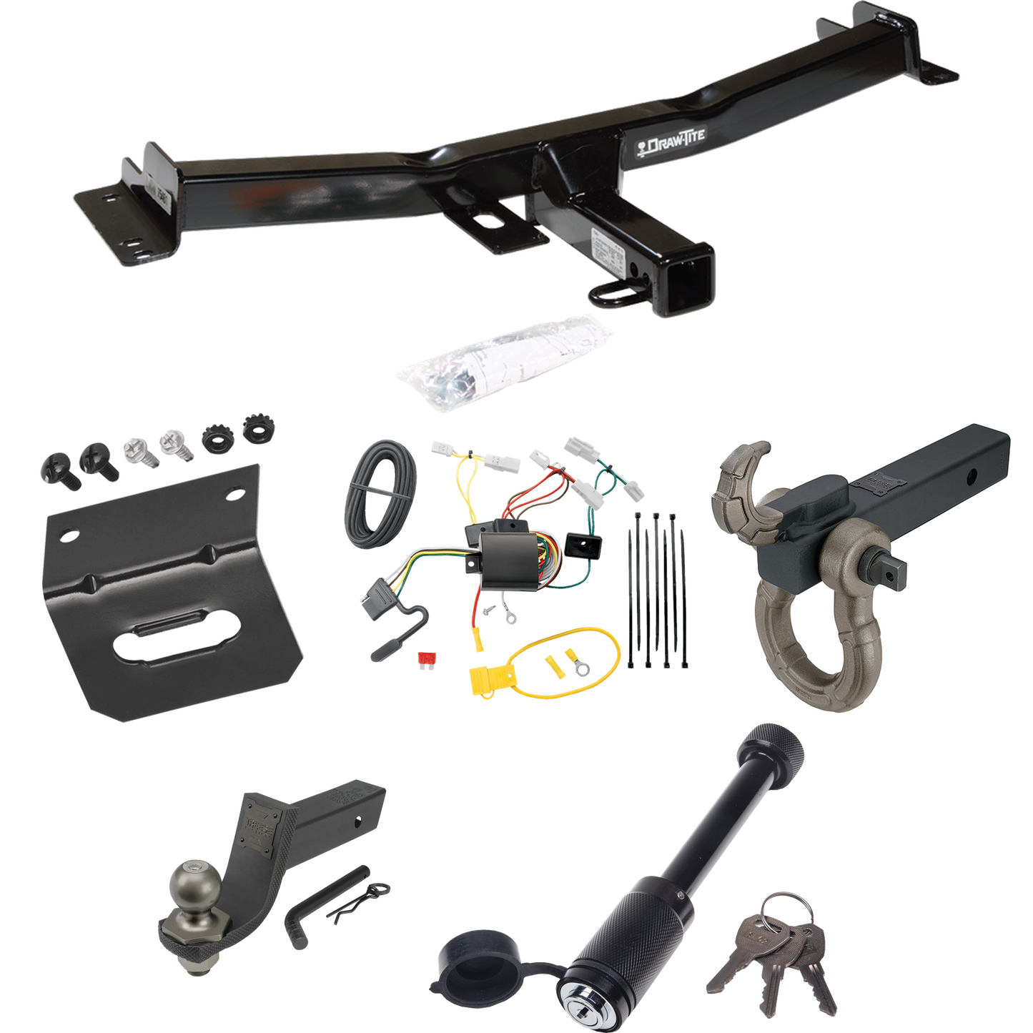 Fits 2007-2014 Toyota FJ Cruiser Trailer Hitch Tow PKG w/ 4-Flat Wiring + Interlock Tactical Starter Kit w/ 3-1/4" Drop & 2" Ball + Tactical Hook & Shackle Mount + Tactical Dogbone Lock + Wiring Bracket By Draw-Tite