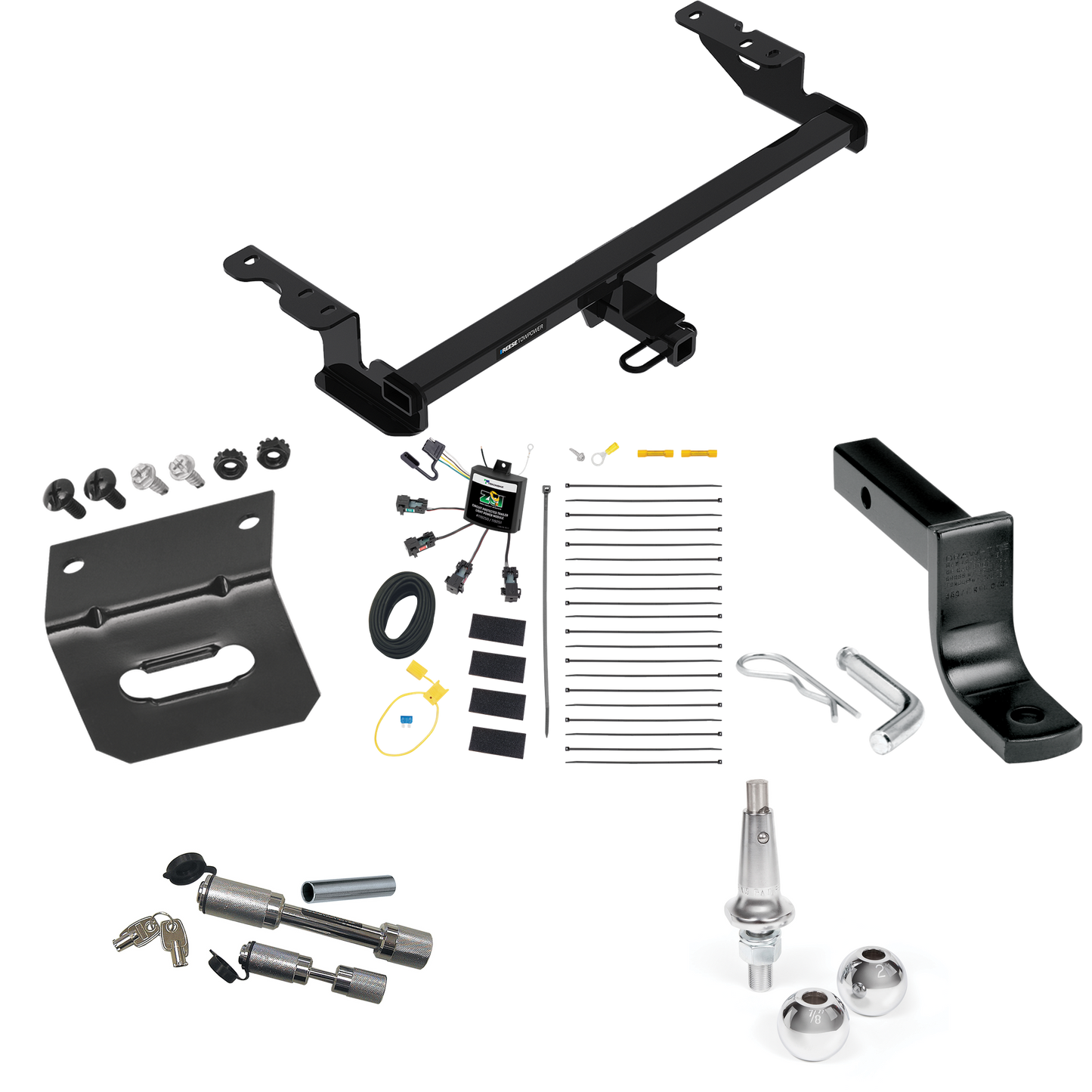 Fits 2018-2022 Ford EcoSport Trailer Hitch Tow PKG w/ 4-Flat Zero Contact "No Splice" Wiring Harness + Draw-Bar + Interchangeable 1-7/8" & 2" Balls + Wiring Bracket + Dual Hitch & Coupler Locks By Reese Towpower