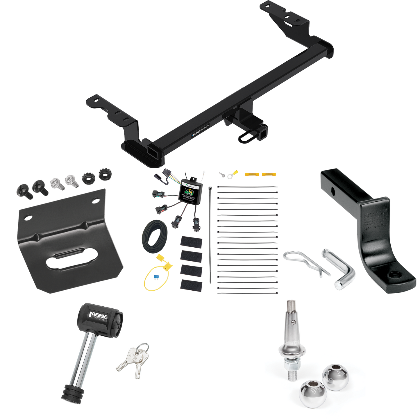 Fits 2018-2022 Ford EcoSport Trailer Hitch Tow PKG w/ 4-Flat Zero Contact "No Splice" Wiring Harness + Draw-Bar + Interchangeable 1-7/8" & 2" Balls + Wiring Bracket + Hitch Lock By Reese Towpower