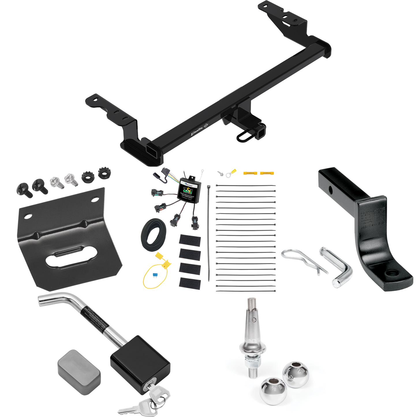 Fits 2018-2022 Ford EcoSport Trailer Hitch Tow PKG w/ 4-Flat Zero Contact "No Splice" Wiring Harness + Draw-Bar + Interchangeable 1-7/8" & 2" Balls + Wiring Bracket + Hitch Lock By Draw-Tite