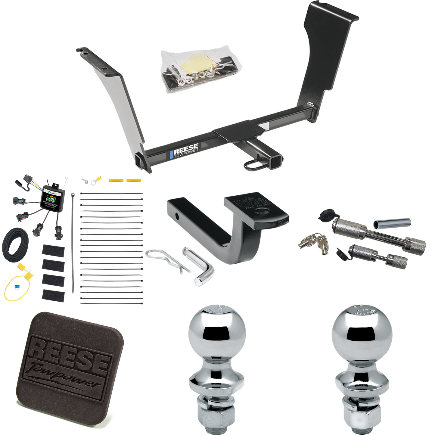 Fits 2003-2007 Cadillac CTS Trailer Hitch Tow PKG w/ 4-Flat Zero Contact "No Splice" Wiring Harness + Draw-Bar + 1-7/8" + 2" Ball + Hitch Cover + Dual Hitch & Coupler Locks By Reese Towpower