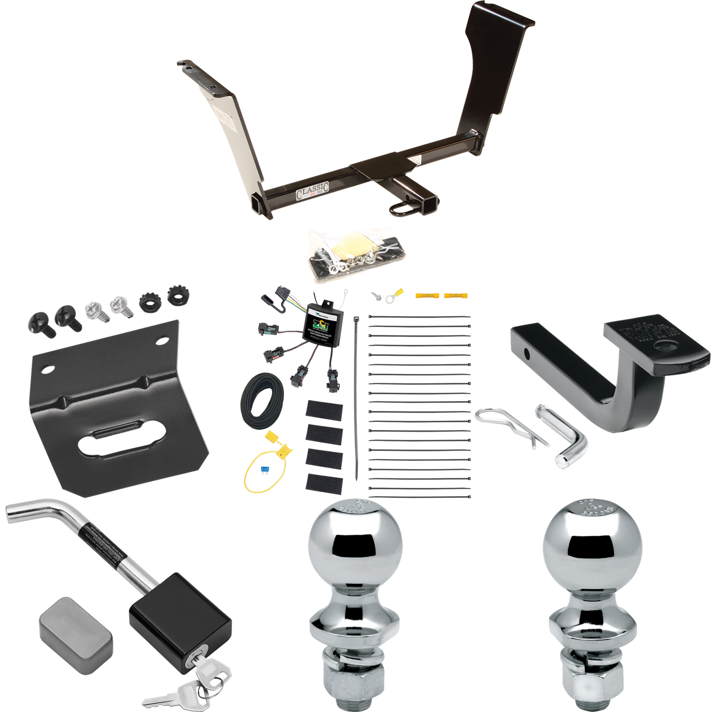 Se adapta al paquete de enganche de remolque Cadillac STS 2005-2011 con arnés de cableado de 4 contactos planos "sin empalme" + barra de tracción + bola de 1-7/8" + 2" + soporte de cableado + bloqueo de enganche de Draw-Tite