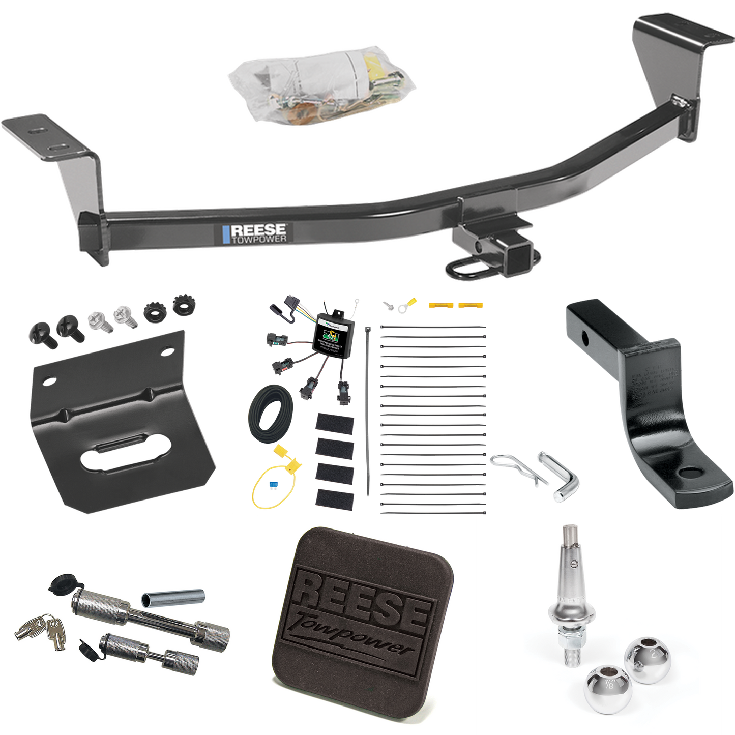 Fits 2008-2010 Scion xB Trailer Hitch Tow PKG w/ 4-Flat Zero Contact "No Splice" Wiring Harness + Draw-Bar + Interchangeable 1-7/8" & 2" Balls + Wiring Bracket + Hitch Cover + Dual Hitch & Coupler Locks (Excludes: Release Series Models) By Reese Towp