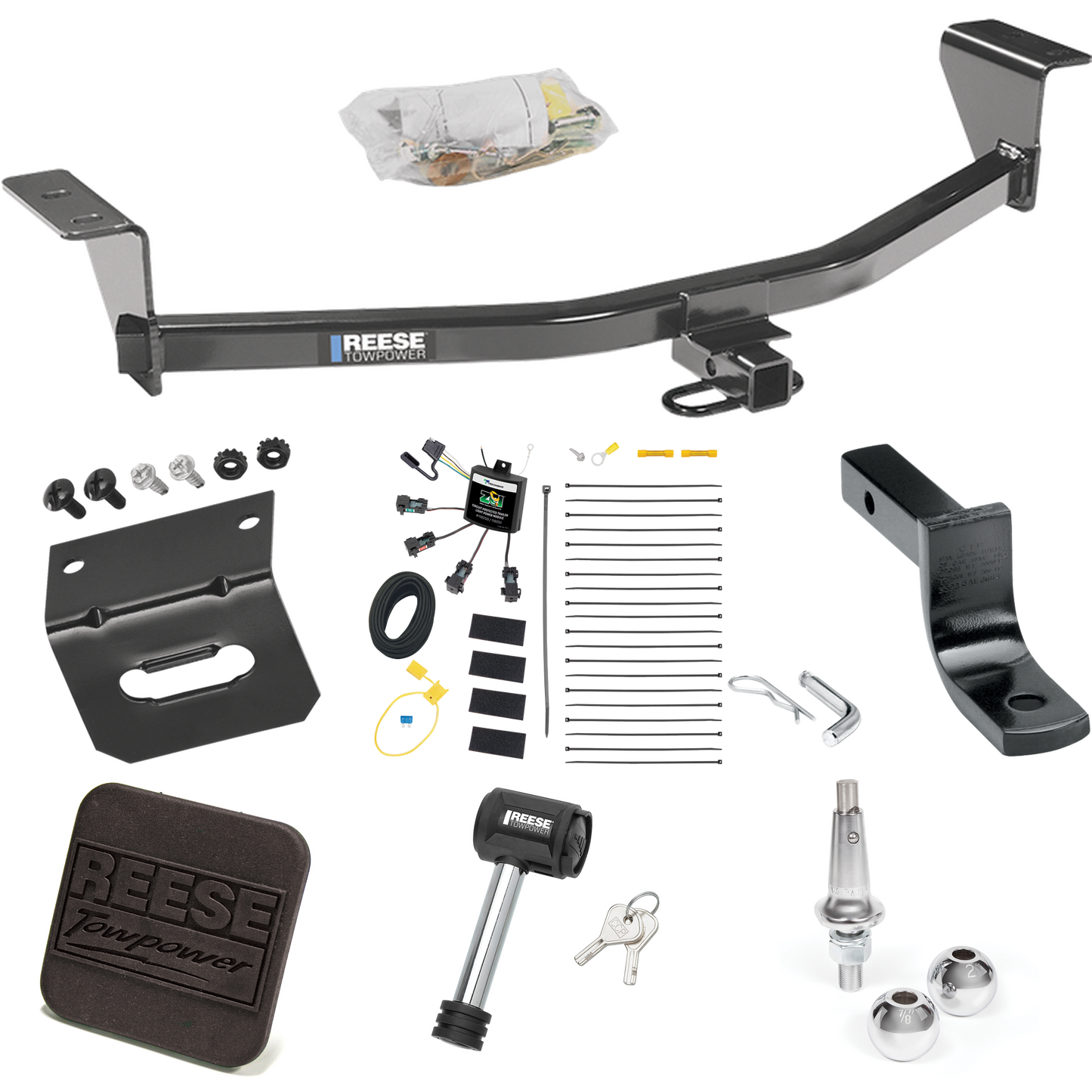 Fits 2008-2010 Scion xB Trailer Hitch Tow PKG w/ 4-Flat Zero Contact "No Splice" Wiring Harness + Draw-Bar + Interchangeable 1-7/8" & 2" Balls + Wiring Bracket + Hitch Cover + Hitch Lock (Excludes: Release Series Models) By Reese Towpower