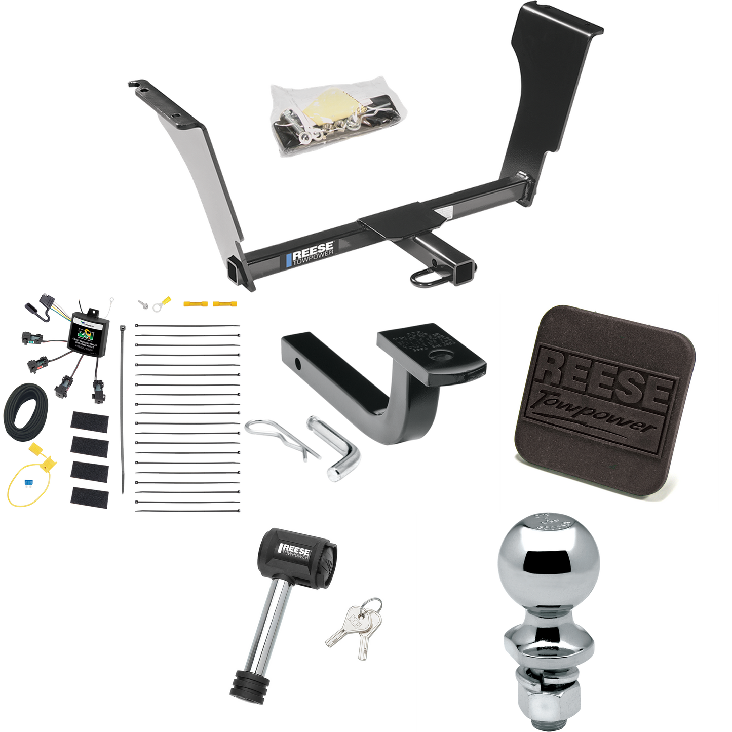 Se adapta al paquete de enganche de remolque Cadillac CTS 2008-2013 con arnés de cableado de 4 contactos planos "sin empalme" + barra de tracción + bola de 2" + cubierta de enganche + bloqueo de enganche (para modelos sedán) de Reese Towpower