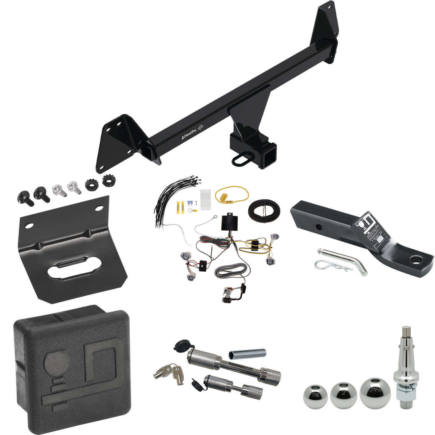 Fits 2022-2023 Toyota Corolla Cross Trailer Hitch Tow PKG w/ 4-Flat Wiring + Ball Mount w/ 2" Drop + Interchangeable Ball 1-7/8" & 2" & 2-5/16" + Wiring Bracket + Dual Hitch & Coupler Locks + Hitch Cover (For w/LED Taillights Models) By Draw-Tite