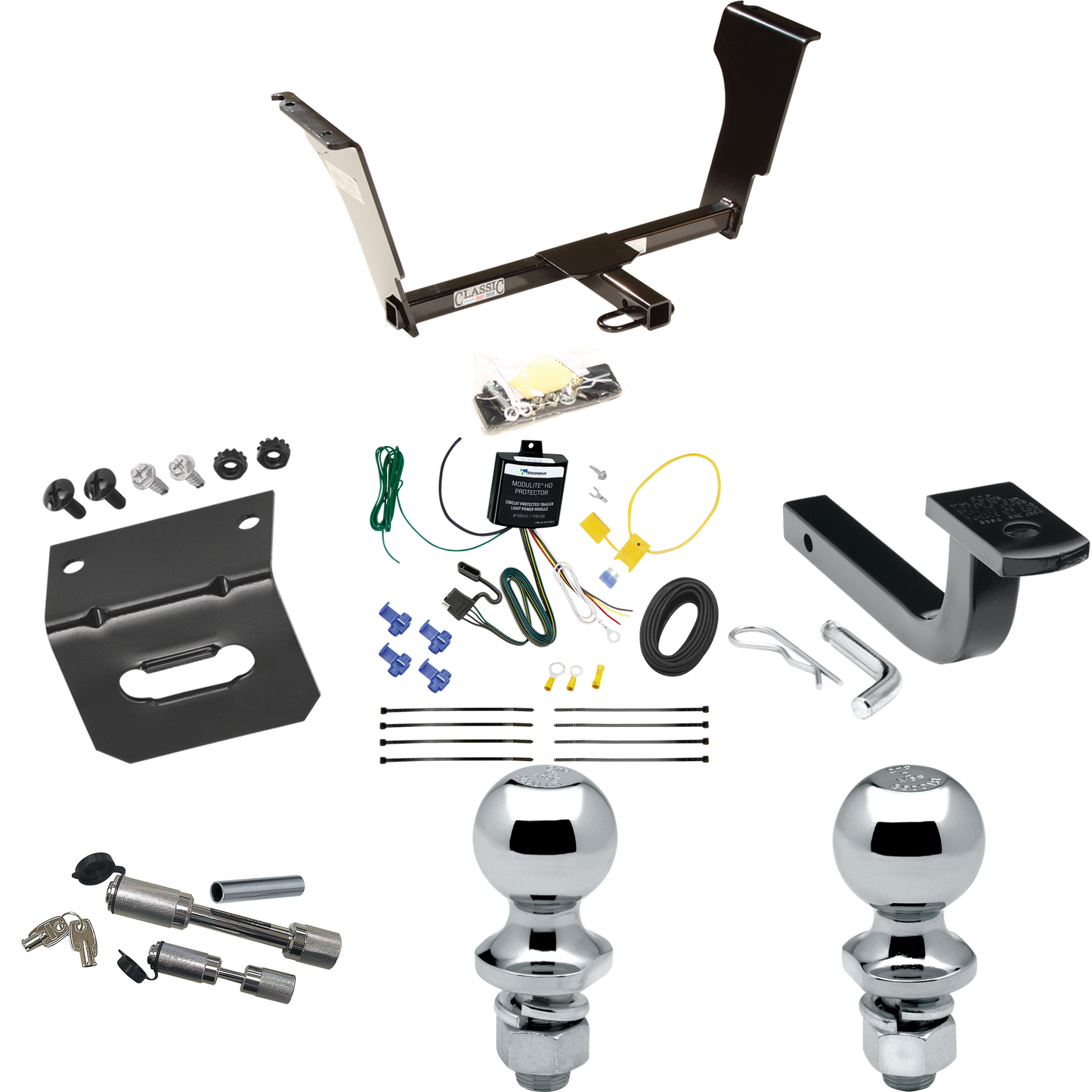 Se adapta al paquete de enganche de remolque Cadillac CTS V 2004-2007 con arnés de cableado plano de 4 + barra de tracción + bola de 1-7/8" + bola de 2" + soporte de cableado + enganche doble y cerraduras de acoplador de Draw-Tite