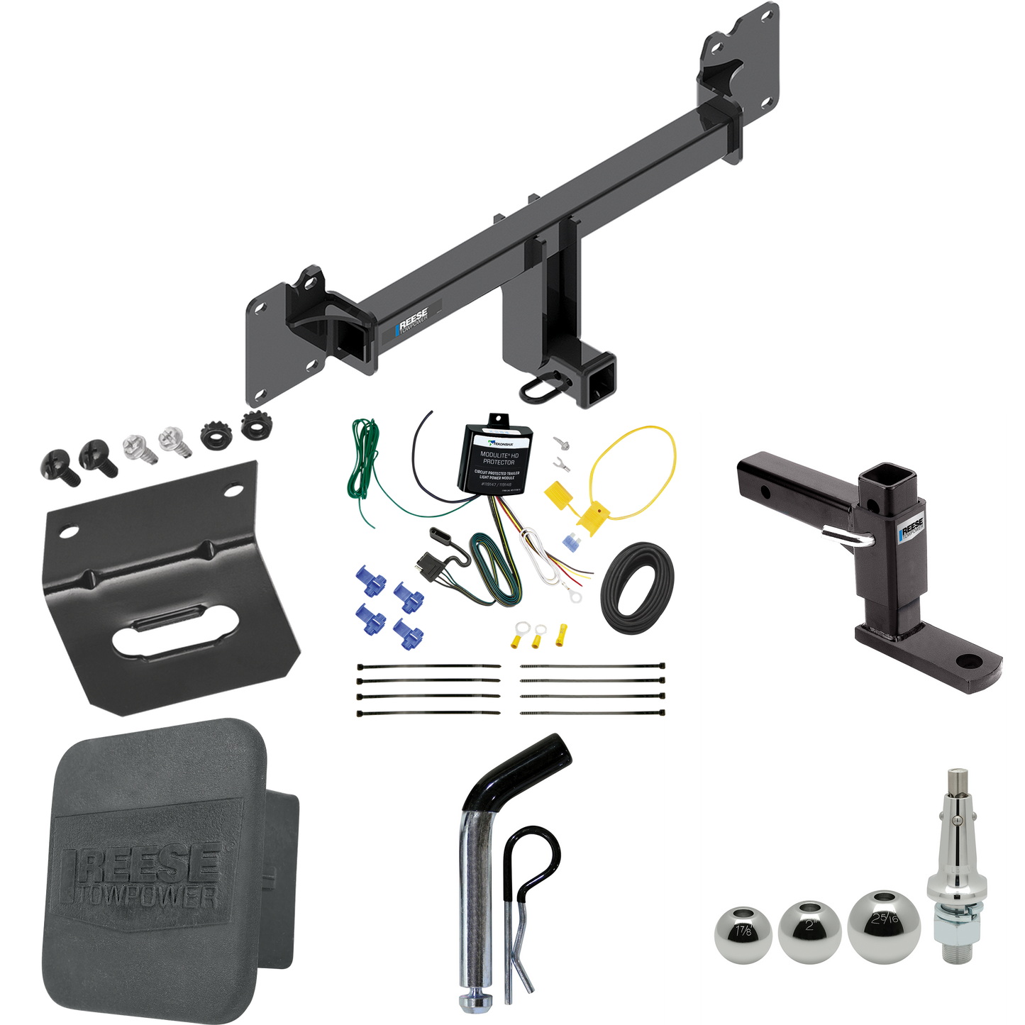 Fits 2022-2023 Jaguar F-Pace Trailer Hitch Tow PKG w/ 4-Flat Wiring + Adjustable Drop Rise Ball Mount + Pin/Clip + Inerchangeable 1-7/8" & 2" & 2-5/16" Balls + Wiring Bracket + Hitch Cover By Reese Towpower