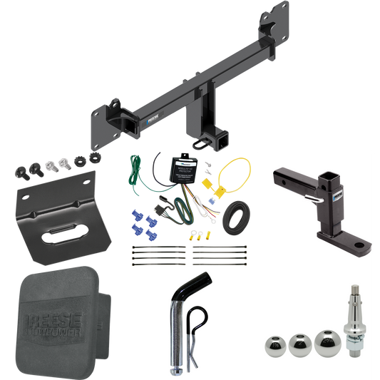 Fits 2022-2023 Jaguar F-Pace Trailer Hitch Tow PKG w/ 4-Flat Wiring + Adjustable Drop Rise Ball Mount + Pin/Clip + Inerchangeable 1-7/8" & 2" & 2-5/16" Balls + Wiring Bracket + Hitch Cover By Reese Towpower