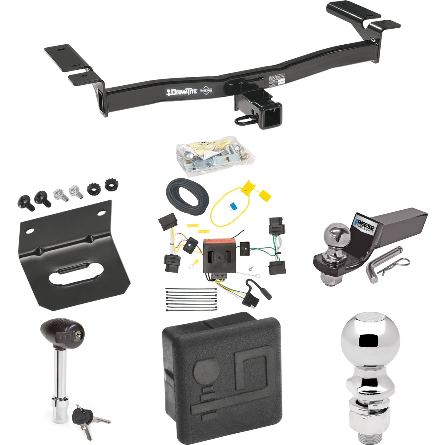 Fits 2007-2010 Ford Edge Trailer Hitch Tow PKG w/ 4-Flat Wiring + Starter Kit Ball Mount w/ 2" Drop & 2" Ball + 2-5/16" Ball + Wiring Bracket + Hitch Lock + Hitch Cover (Excludes: Sport Models) By Draw-Tite