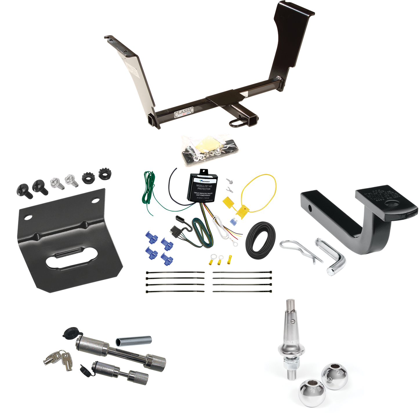 Se adapta al paquete de enganche de remolque Cadillac CTS V 2004-2007 con arnés de cableado de 4 planos + barra de tracción + bolas intercambiables de 1-7/8" y 2" + soporte de cableado + enganche doble y cerraduras de acoplador de Draw-Tite