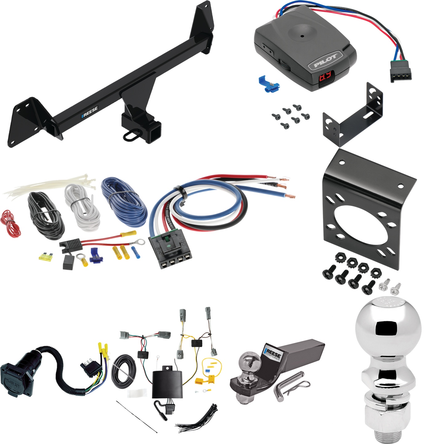 Fits 2022-2023 Toyota Corolla Cross Trailer Hitch Tow PKG w/ Pro Series Pilot Brake Control + Generic BC Wiring Adapter + 7-Way RV Wiring + 2" & 2-5/16" Ball & Drop Mount (Excludes: w/LED Taillights Models) By Reese Towpower