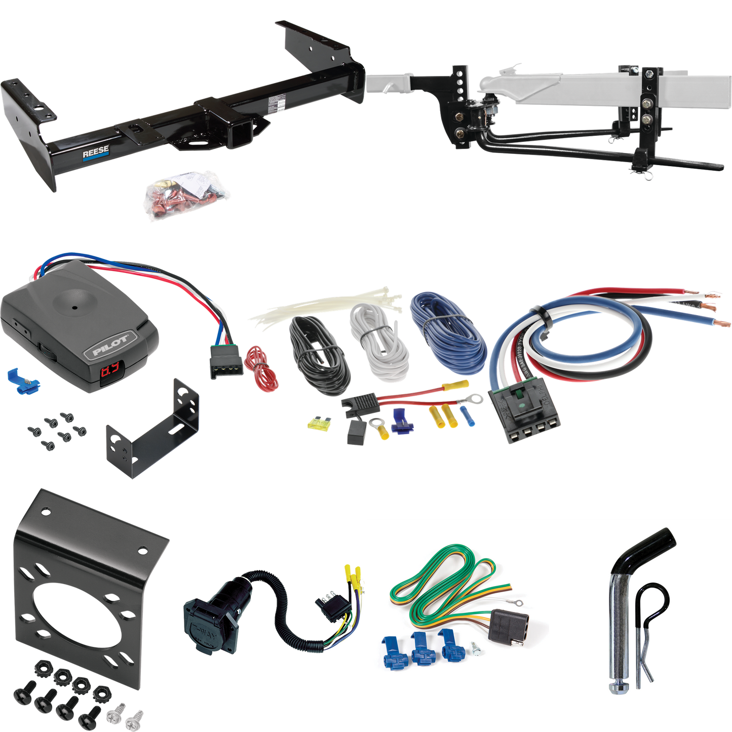 Fits 1999-1999 Cadillac Escalade Trailer Hitch Tow PKG w/ 11.5K Round Bar Weight Distribution Hitch w/ 2-5/16" Ball + Pin/Clip + Pro Series Pilot Brake Control + Generic BC Wiring Adapter + 7-Way RV Wiring By Reese Towpower