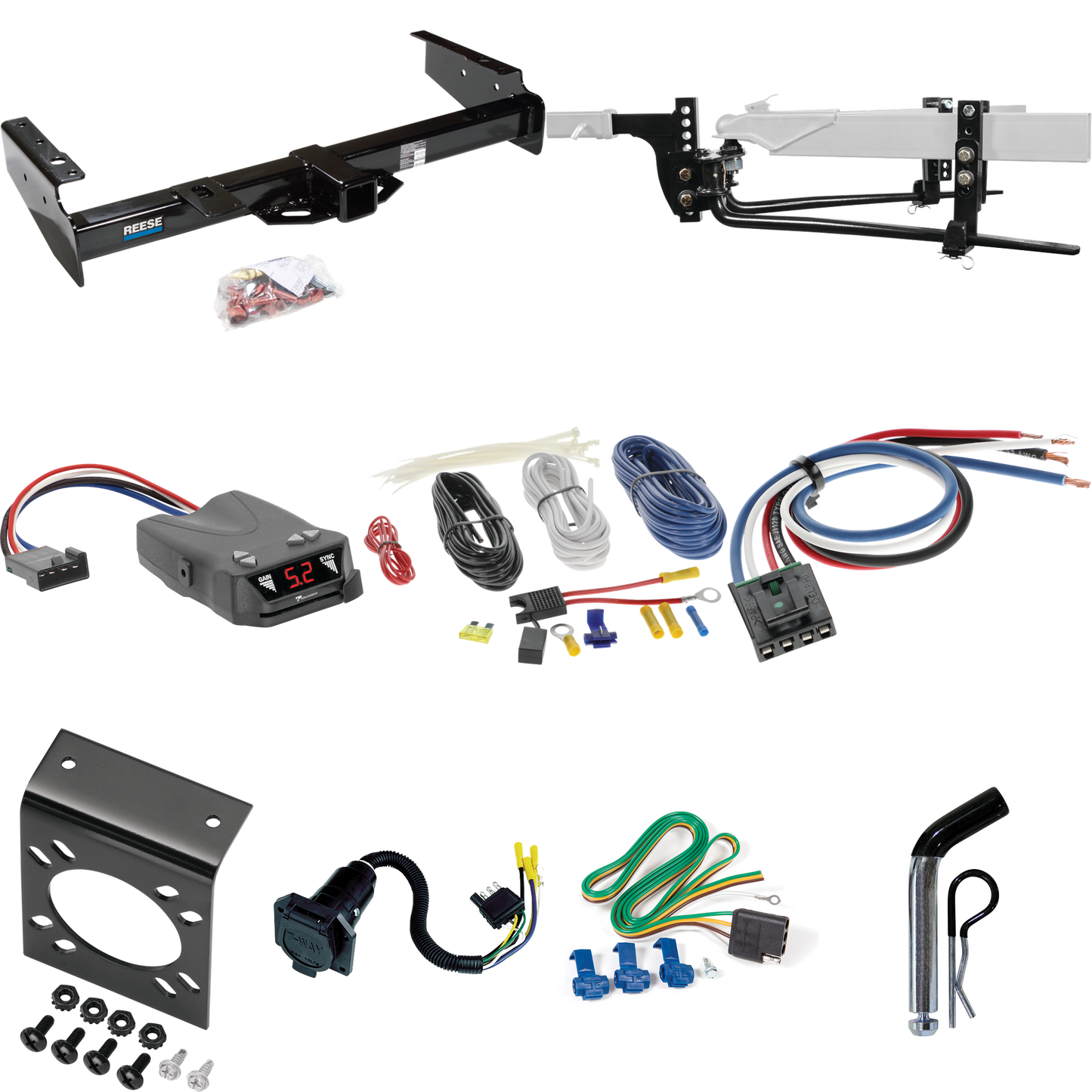 Fits 1992-1999 GMC Suburban K1500 Trailer Hitch Tow PKG w/ 11.5K Round Bar Weight Distribution Hitch w/ 2-5/16" Ball + Pin/Clip + Tekonsha Brakeman IV Brake Control + Generic BC Wiring Adapter + 7-Way RV Wiring By Reese Towpower