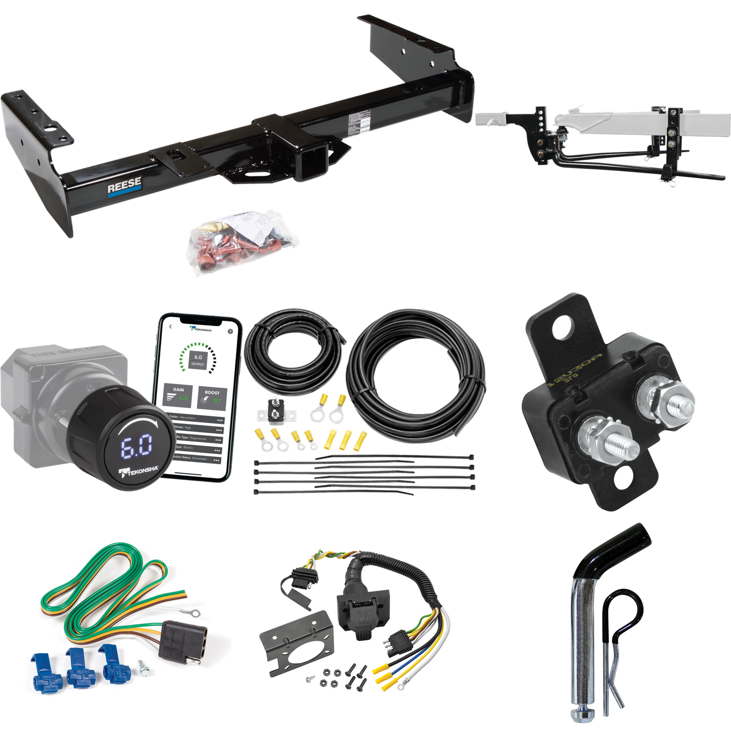 Fits 1992-1999 Chevrolet Suburban K2500 Trailer Hitch Tow PKG w/ 11.5K Round Bar Weight Distribution Hitch w/ 2-5/16" Ball + Pin/Clip + Tekonsha Prodigy iD Bluetooth Wireless Brake Control + 7-Way RV Wiring By Reese Towpower